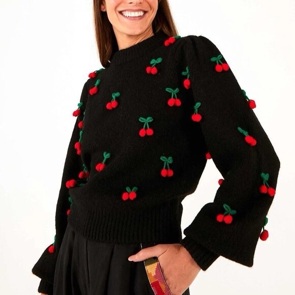 Farm Rio Black Cherry Adorned Crewneck Pullover Sweater, Sz M *See Description* - Picture 5 of 16